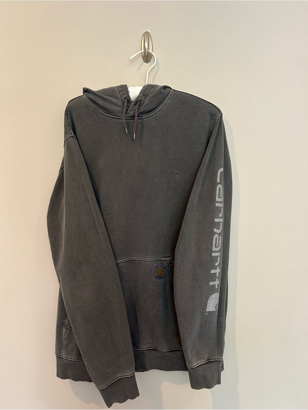 Men’s Carhartt Hoodie in Charcoal Gray with Sleeve Logo, Size Med